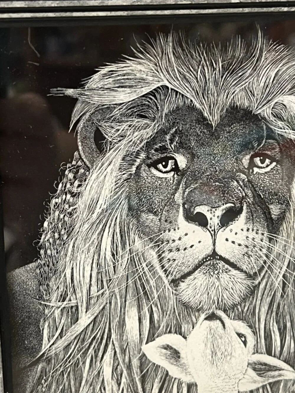 Lion & Lamb Print from Etching Campbell 1978   Framed AGI Gifts USA 5” X 7”